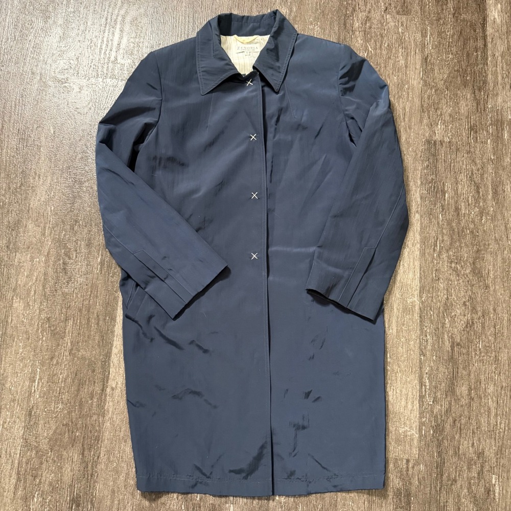 Zenobia Car Coat Women 12 Navy Blue Snap Front Pinstripe Lining Made in Canada